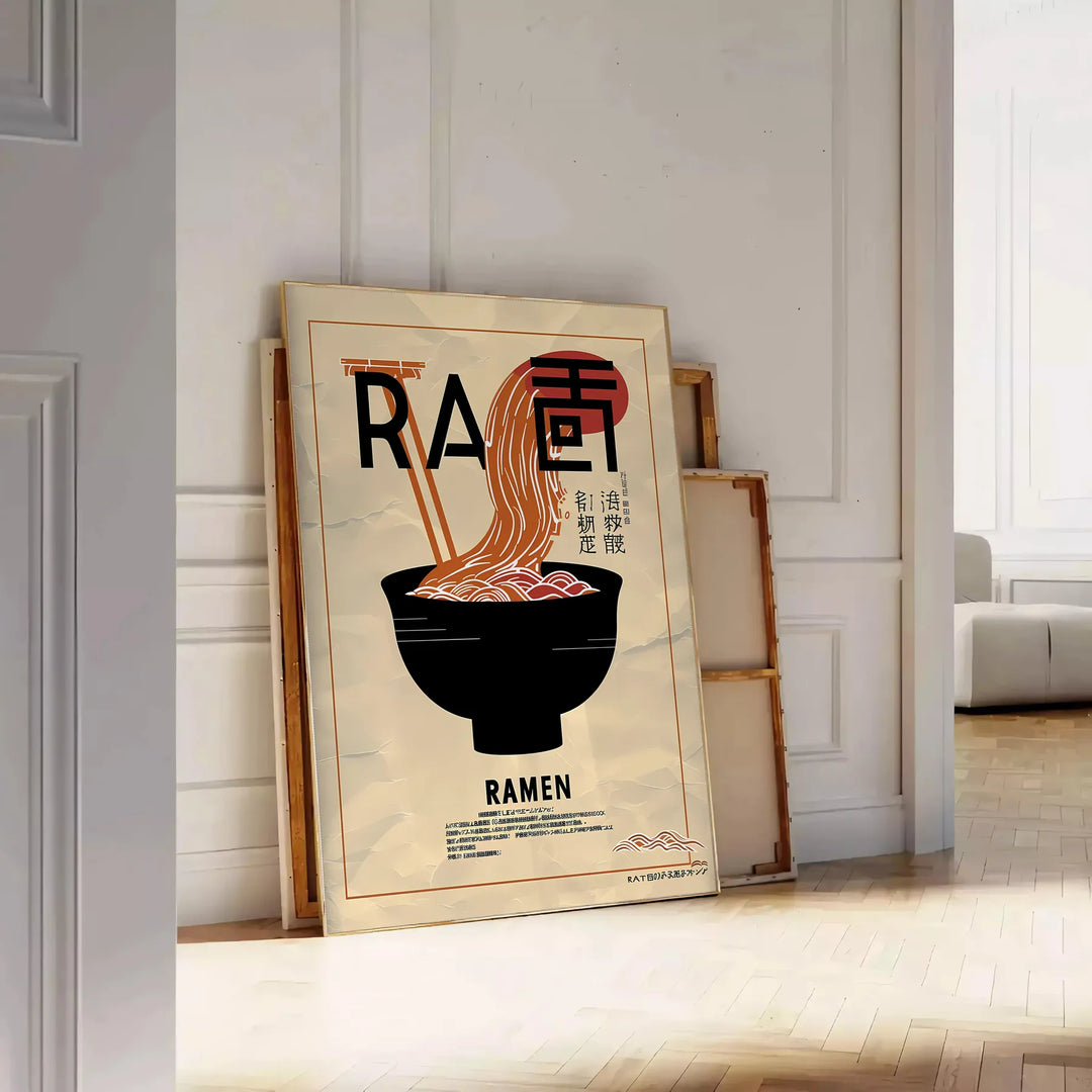 Illustration of a ramen kitchen with black and brown tones - leaning on a herringbone floor against a white panelled wall