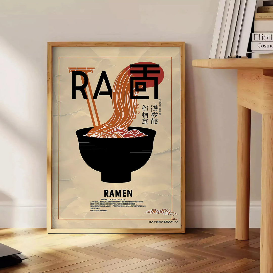 Illustration of a ramen kitchen with black and brown tones - beside a round wooden side table with books
