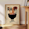 Illustration of a ramen kitchen with black and brown tones - beside a round wooden side table with books