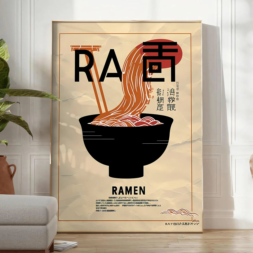 Illustration of a ramen kitchen with black and brown tones - in a bright minimalist room with a plant and an armchair