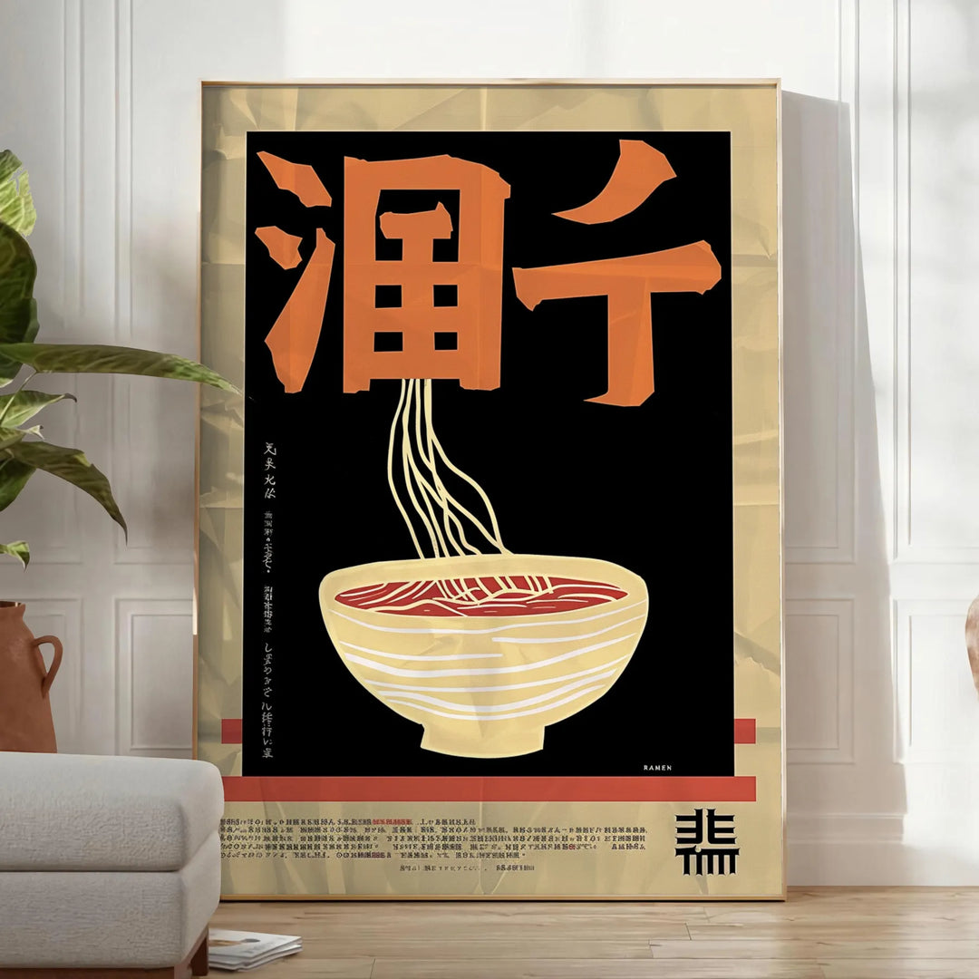 Illustration of a ramen kitchen with black and green tones - in a bright minimalist room with a plant and an armchair
