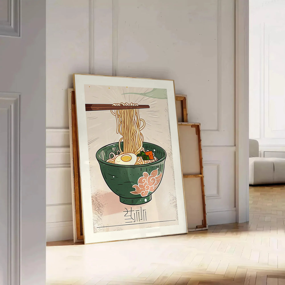 Illustration of a ramen kitchen with green and orange tones