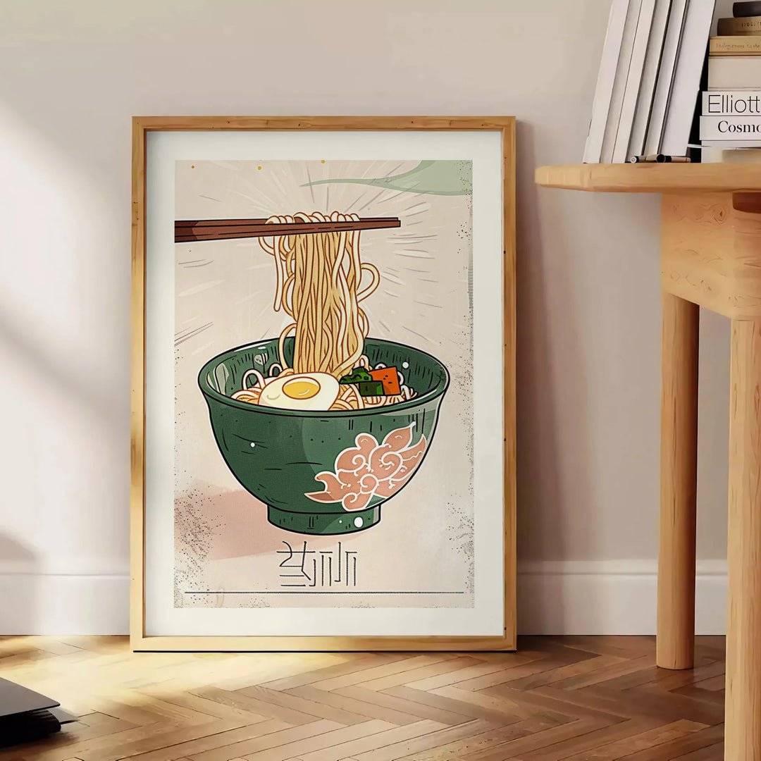 Ilustracja kuchni ramen w zielonych i pomarańczowych odcieniach - obok okrągłego drewnianego stolika z książkami