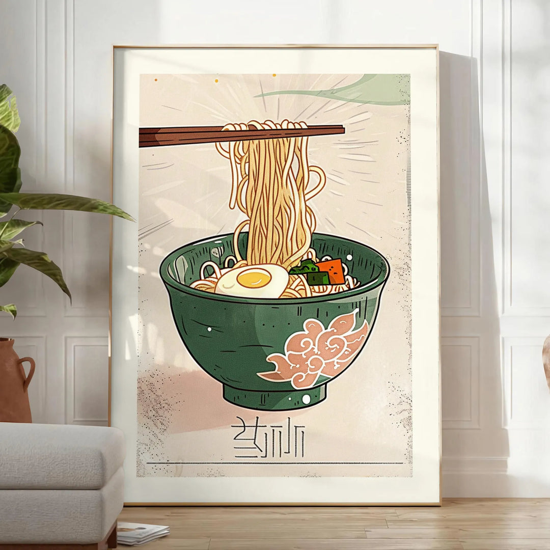 Ilustracja kuchni ramen w zielonych i pomarańczowych odcieniach - w jasnym minimalistycznym pokoju z rośliną i fotelem
