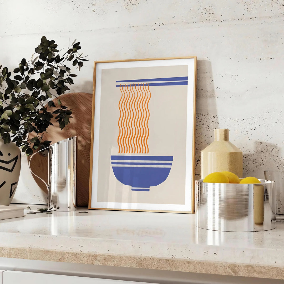 Illustration of a ramen kitchen with orange and gray tones - styled on a counter with eucalyptus and a bowl of lemons