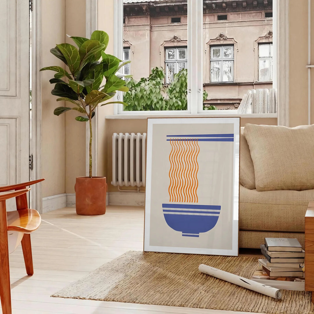 Illustration of a ramen kitchen with orange and gray tones - in a Parisian living room with a sofa and a fig plant