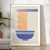 Illustration of a ramen kitchen with orange and gray tones - in a bright minimalist room with a plant and an armchair