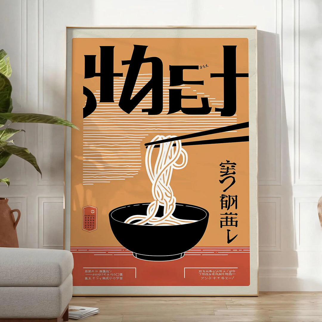 affiche vibrante cuisine noir orange cadeau une touche décor unique formats variés A4 cm A0 - dans une pièce lumineuse épurée avec plante et fauteuil