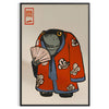 Japanese woman in a red kimono against a dark backdrop - in a black frame