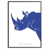 A rhinoceros standing in a natural habitat with blue and black tones - in a black frame