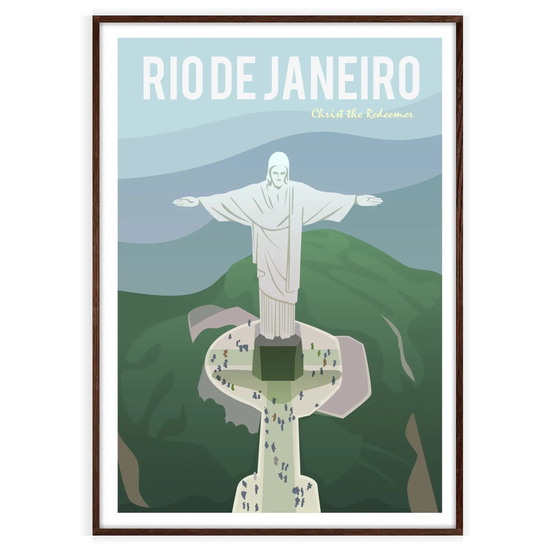 Illustration of Rio de Janeiro with gray and blue tones, featuring iconic landmarks - in a walnut frame
