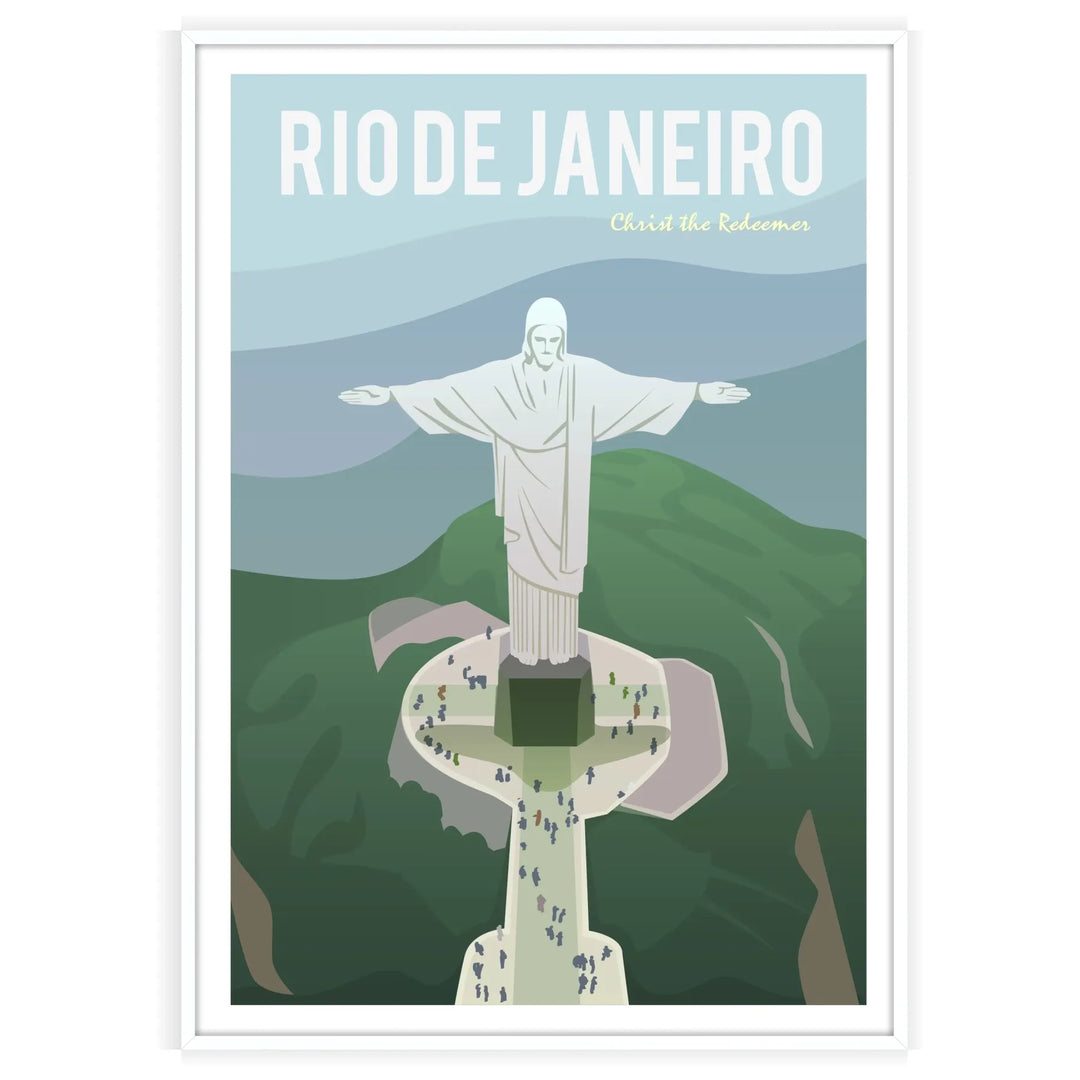 Illustration of Rio de Janeiro with gray and blue tones, featuring iconic landmarks - in a white frame