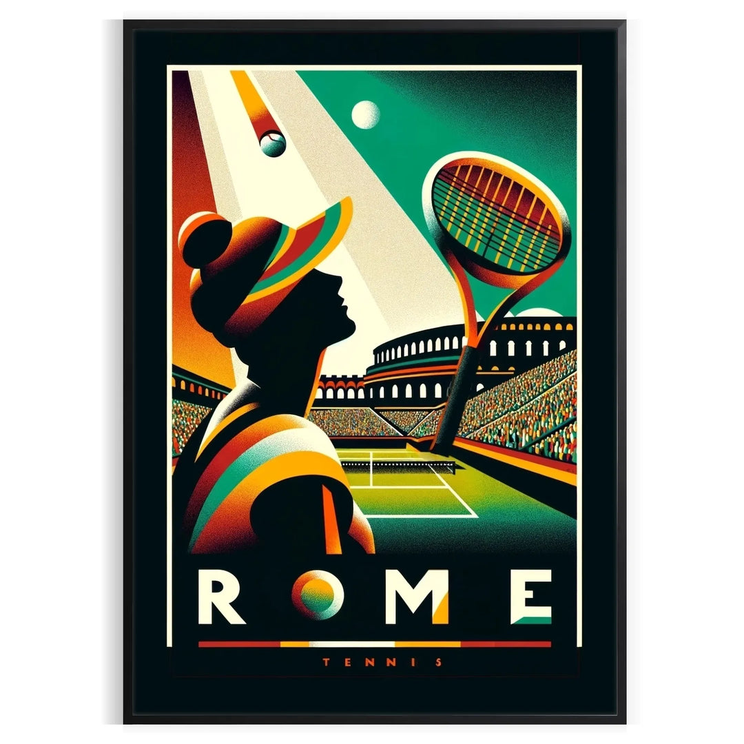 Art Deco style poster featuring a tennis player in Rome