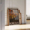 Illustration of Rome's skyline with rich brown and green tones - leaning on a herringbone floor against a white panelled wall