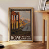 Illustration of Rome's skyline with rich brown and green tones - beside a round wooden side table with books