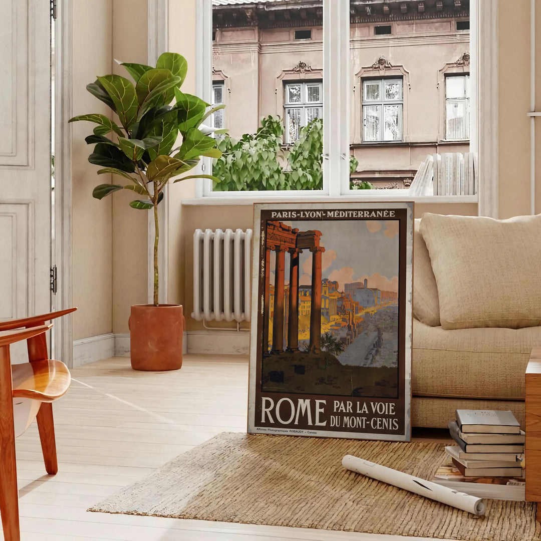 Illustration of Rome's skyline with rich brown and green tones - in a Parisian living room with a sofa and a fig plant