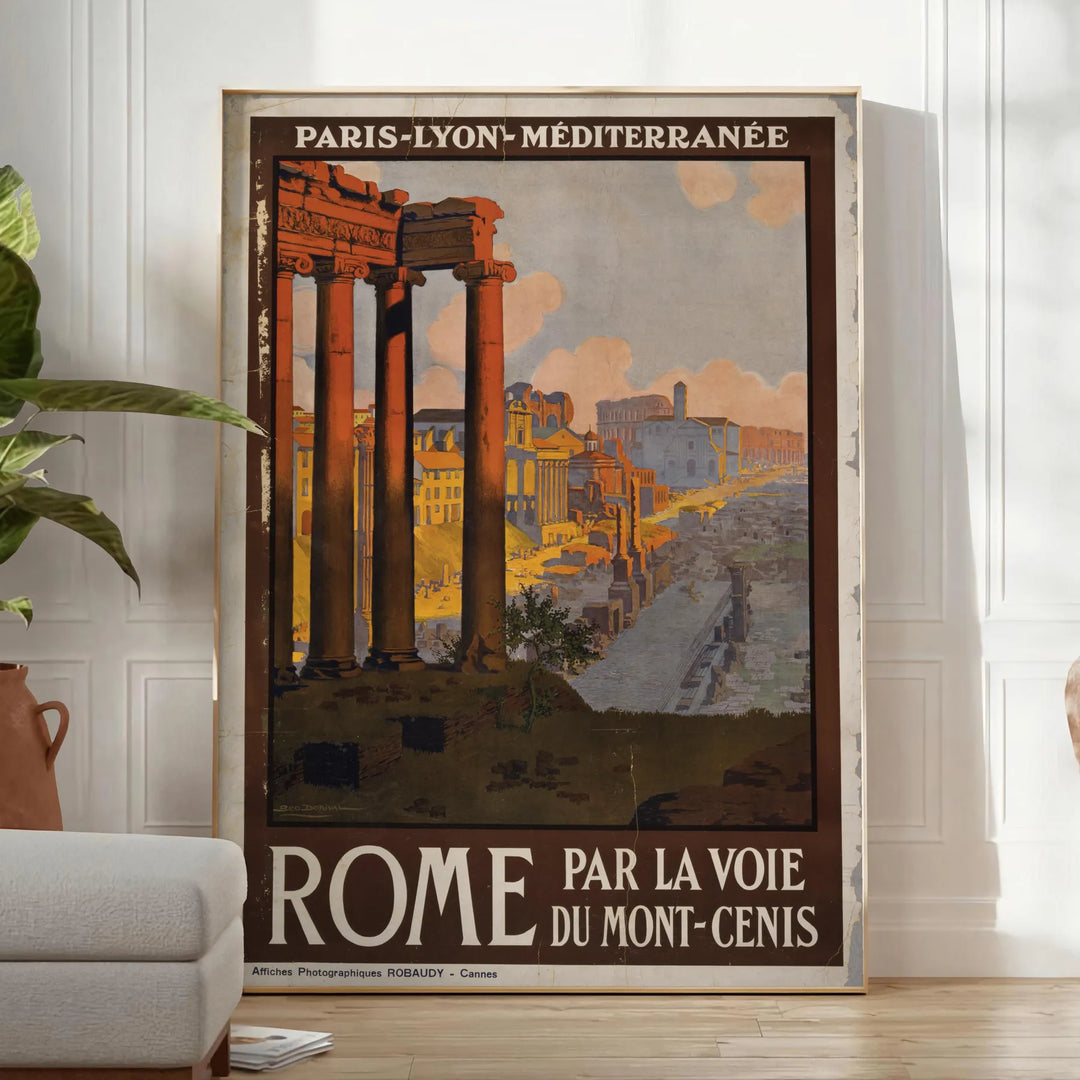 Illustration of Rome's skyline with rich brown and green tones - in a bright minimalist room with a plant and an armchair