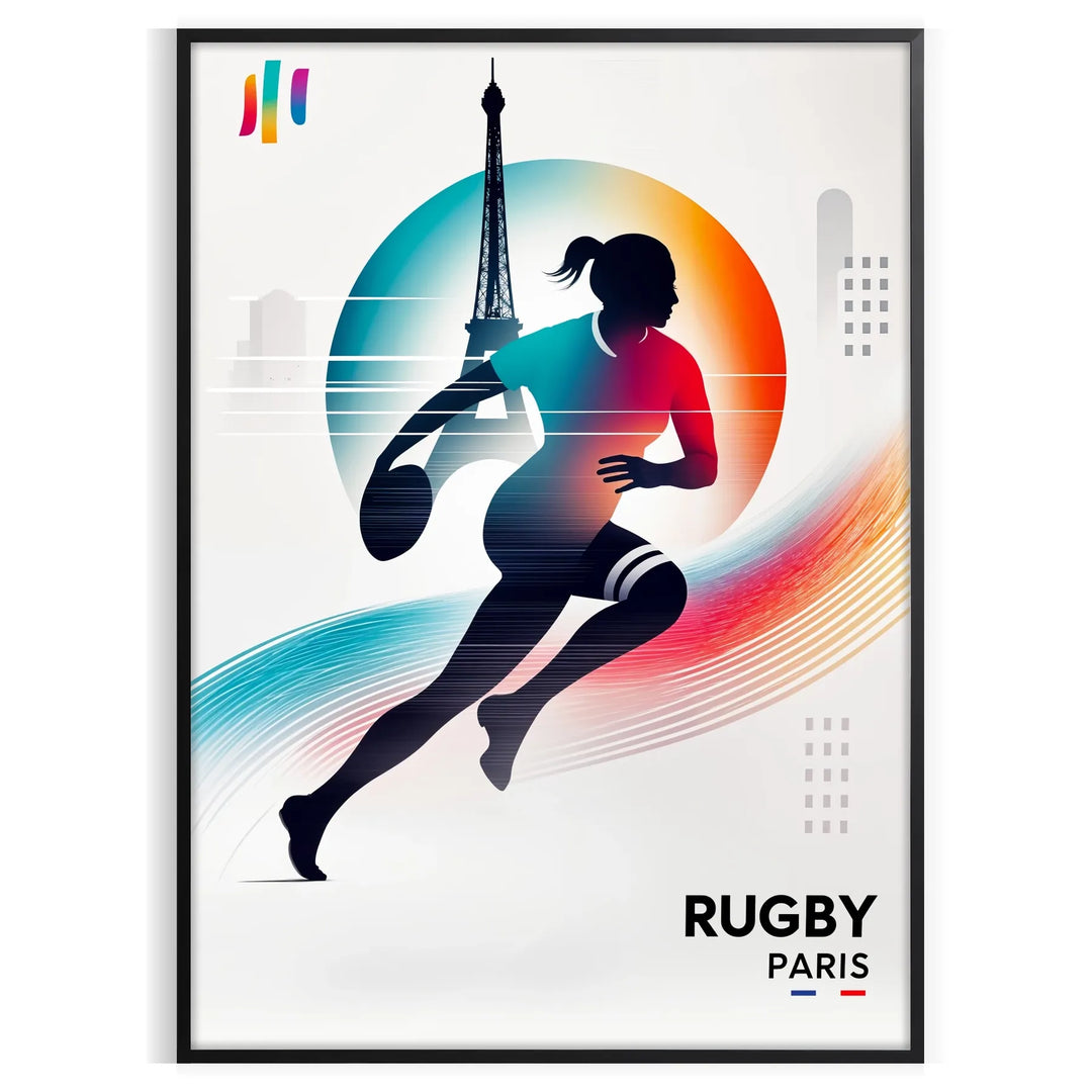 Poster showing dynamic rugby players in graphic Paris-themed design, unframed