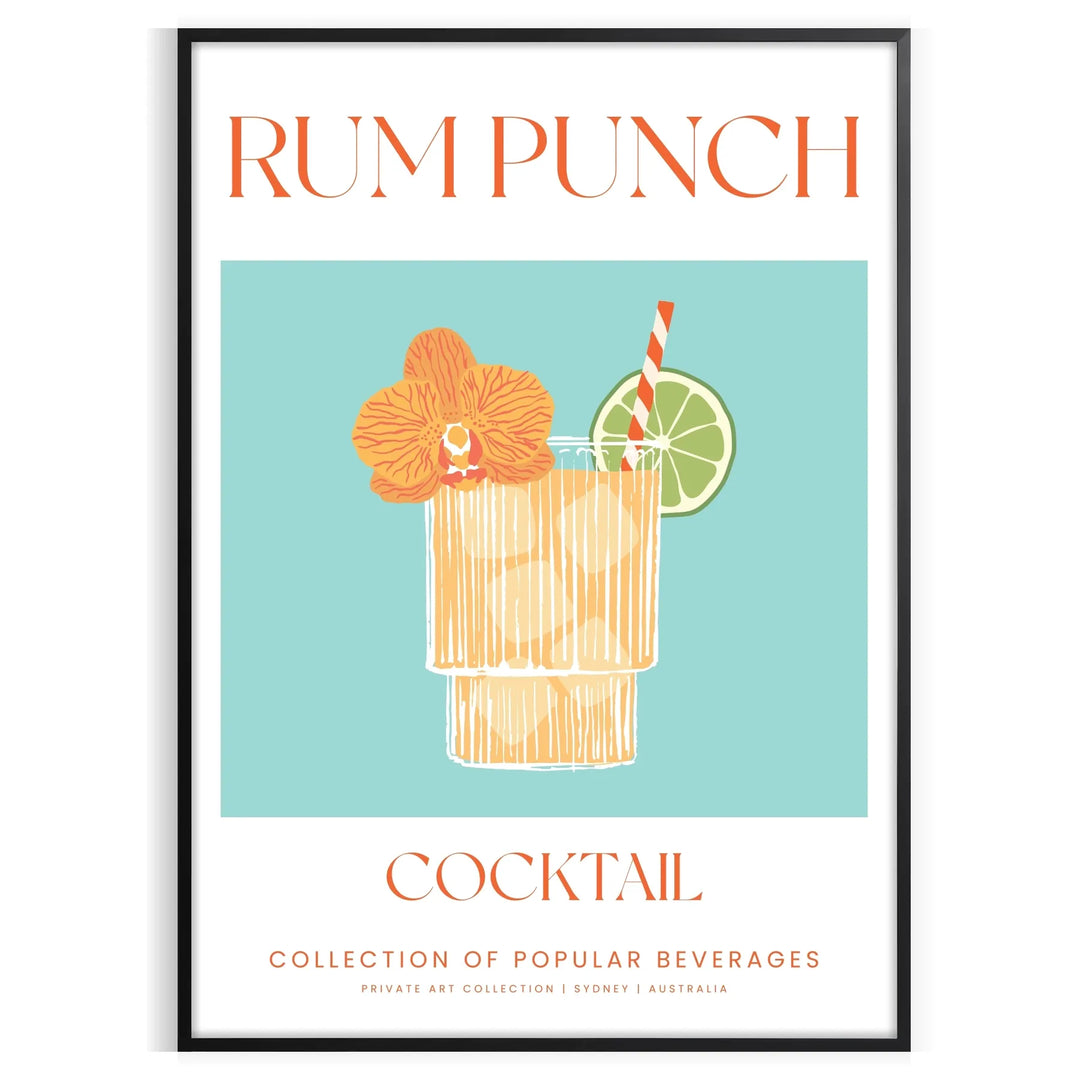 A colorful rum punch cocktail surrounded by tropical elements in green and orange.