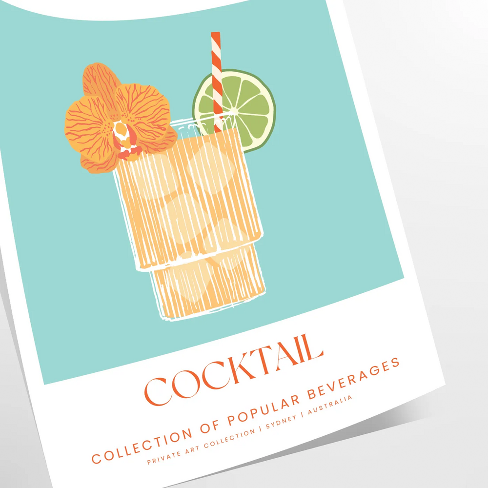 A colorful rum punch cocktail surrounded by tropical elements in green and orange.
