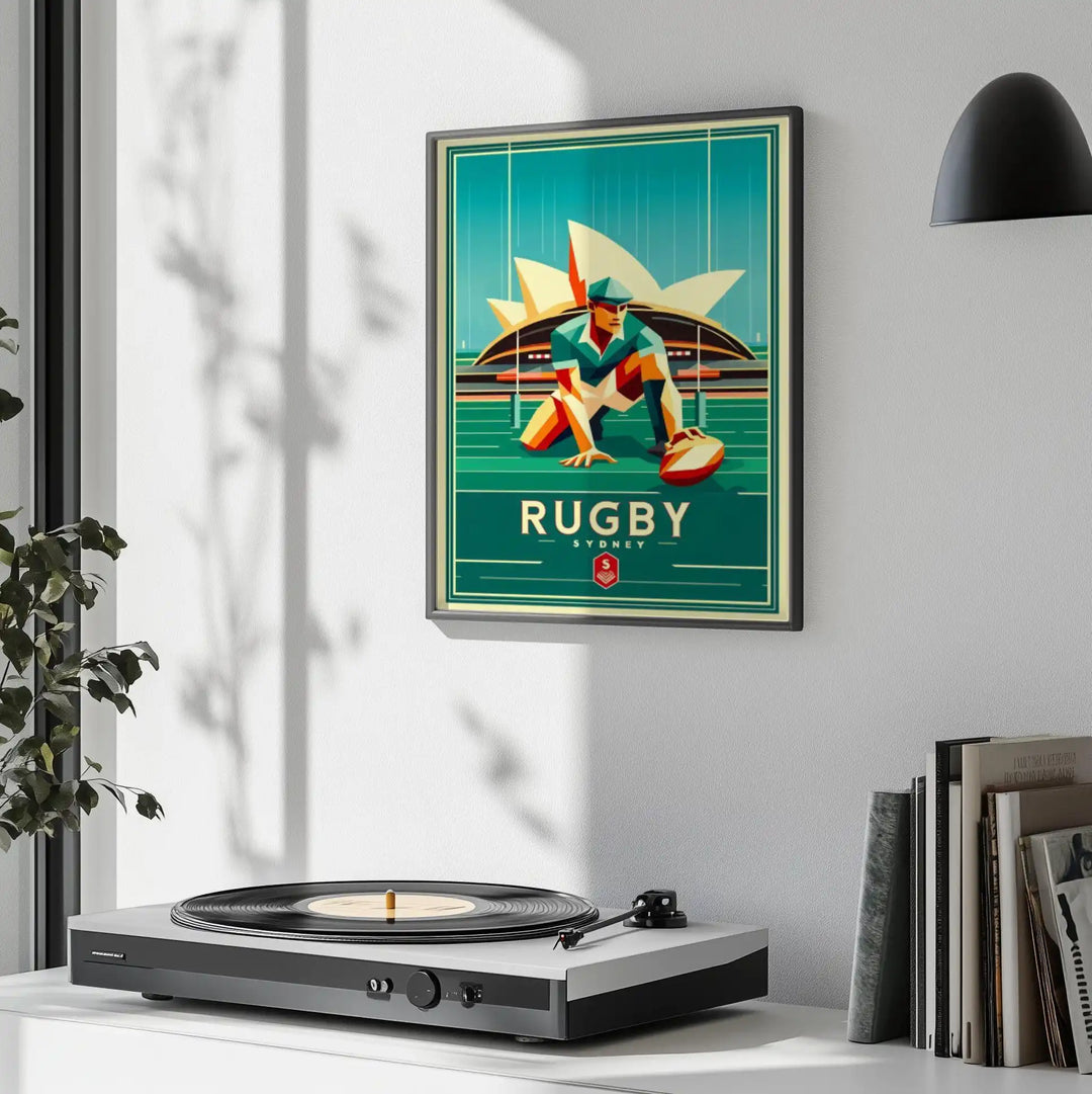 Vintage Art Deco Sydney rugby poster showing players in dynamic pose