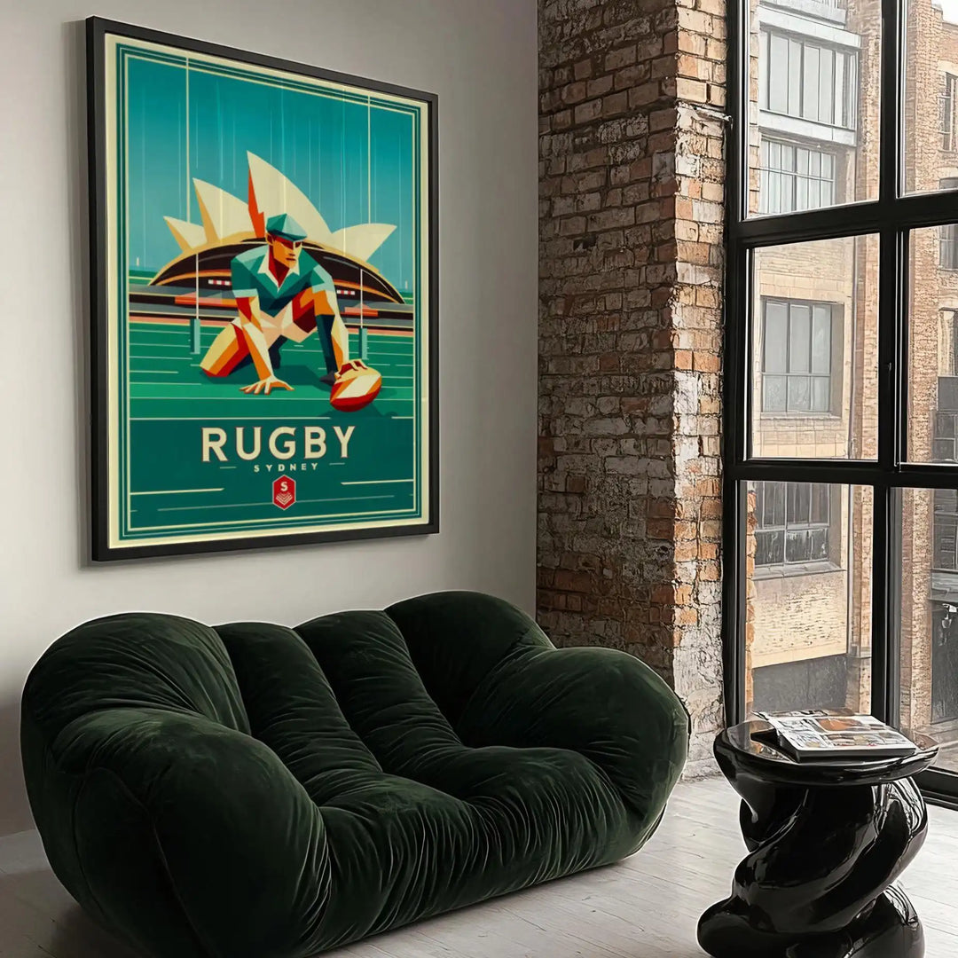 Vintage Art Deco Sydney rugby poster showing players in dynamic pose