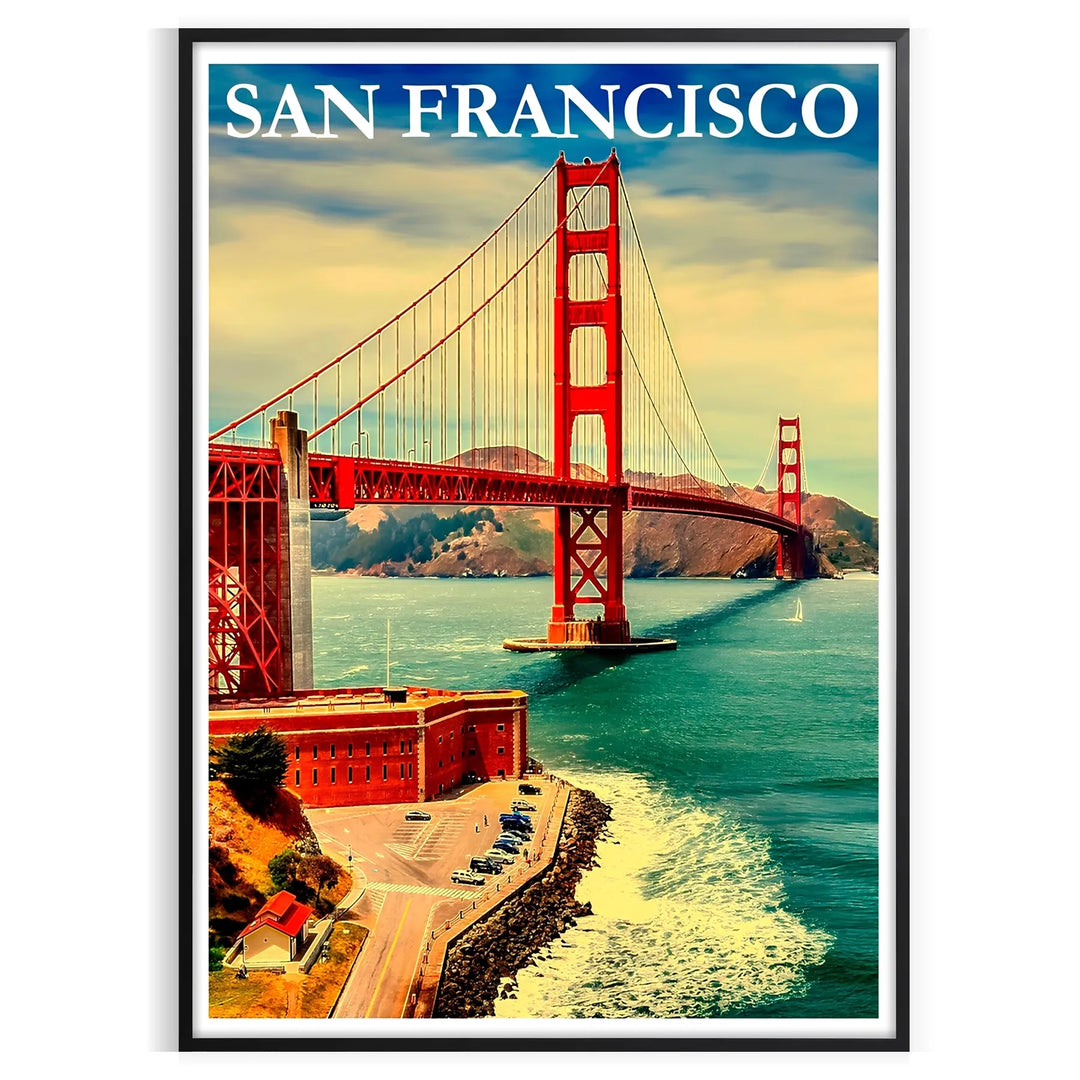 Vintage travel poster featuring San Francisco with soft blues and greens