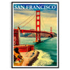 Vintage travel poster featuring San Francisco with soft blues and greens - in a black frame