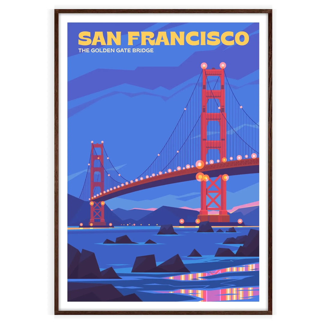 Ilustracja panoramy San Francisco z ikonicznymi budynkami w stonowanych brązowych i szarych kolorach - w ramie z orzecha