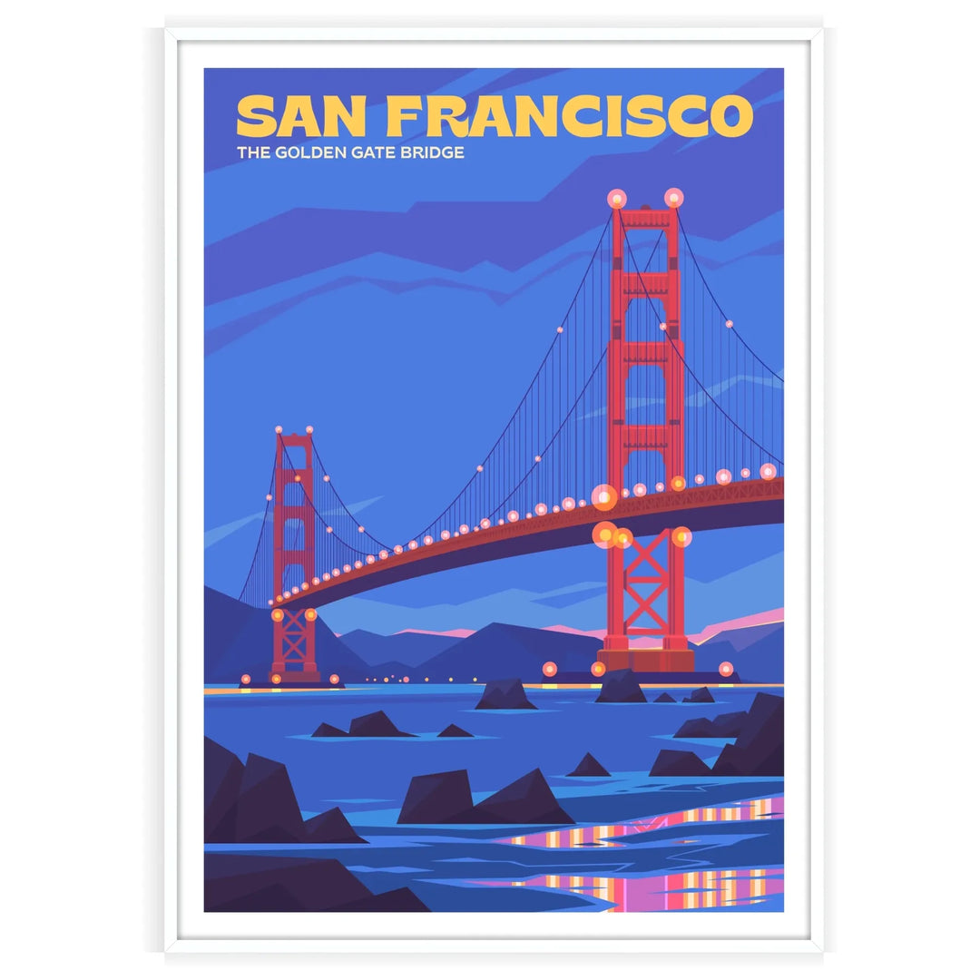 Ilustracja panoramy San Francisco z ikonicznymi budynkami w stonowanych brązowych i szarych kolorach - w białej ramie