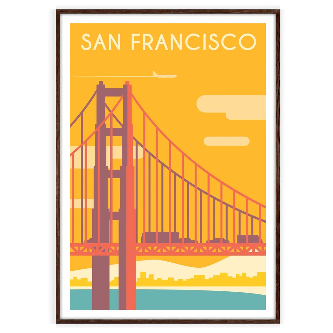 Stylized illustration of San Francisco with gray and green tones - in a walnut frame
