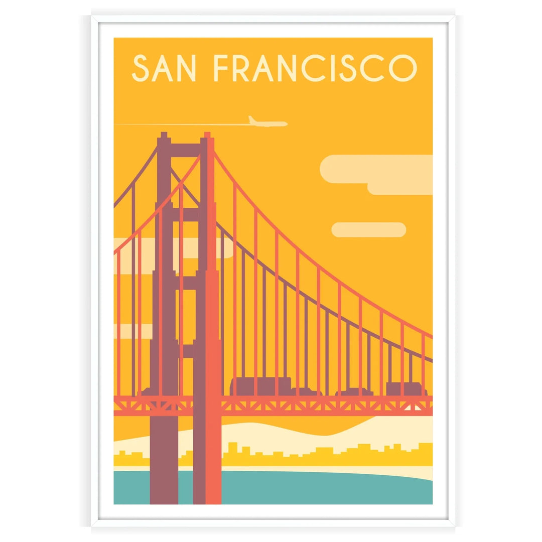 Stylized illustration of San Francisco with gray and green tones - in a white frame