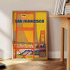 Illustration of San Francisco skyline with warm brown and orange tones - beside a round wooden side table with books