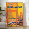Illustration of San Francisco skyline with warm brown and orange tones - in a bright minimalist room with a plant and an armchair