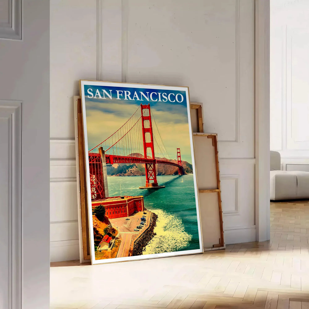 Vintage travel poster featuring San Francisco with soft blues and greens