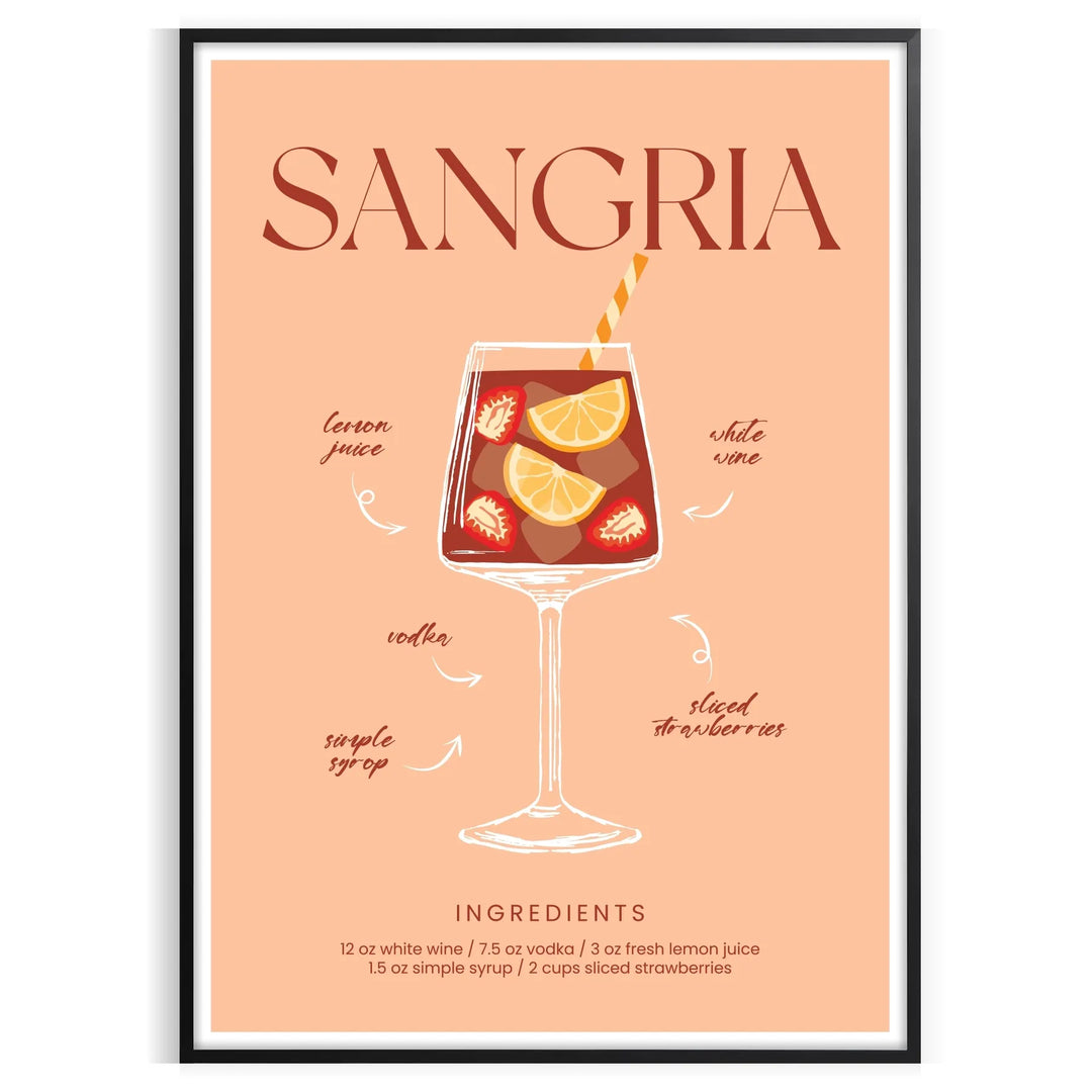 A colorful illustration of a sangria cocktail in a glass with fruit slices
