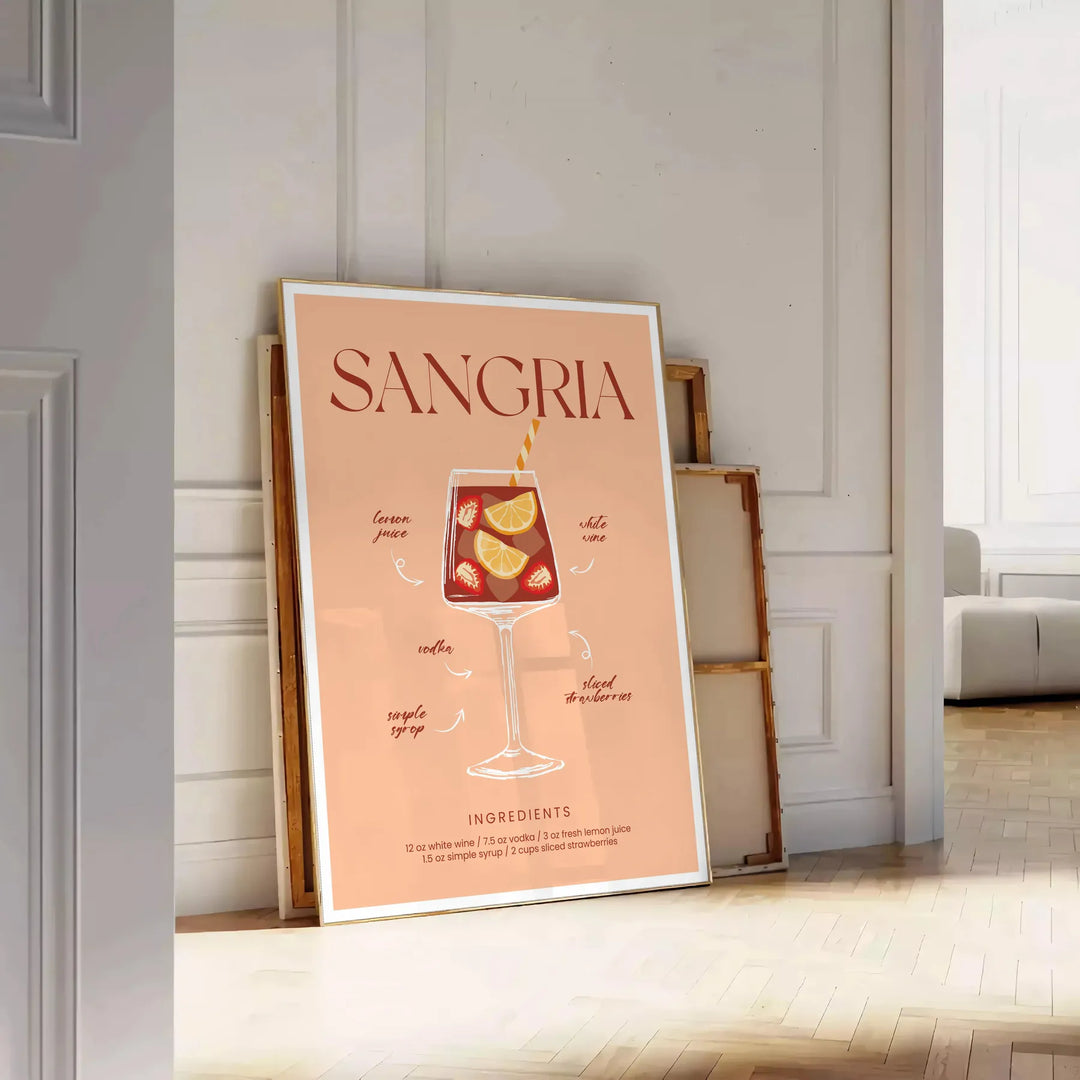 Un'illustrazione colorata di un cocktail di sangria in un bicchiere con fette di frutta - appoggiato su un pavimento a spina di pesce contro una parete a pannelli