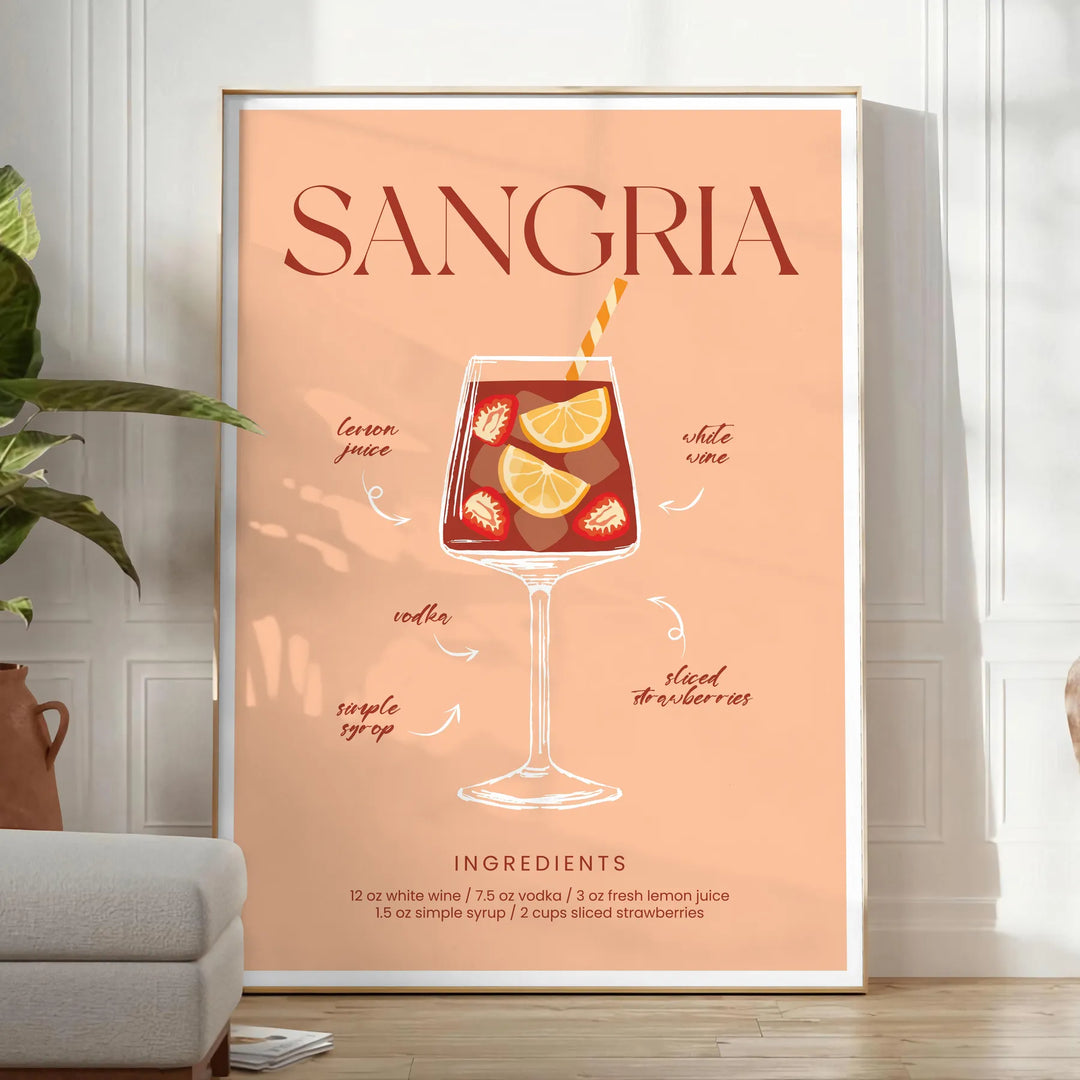 Un'illustrazione colorata di un cocktail di sangria in un bicchiere con fette di frutta - in una stanza luminosa e minimalista con pianta e poltrona