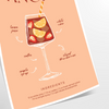 Un'illustrazione colorata di un cocktail di sangria in un bicchiere con fette di frutta
