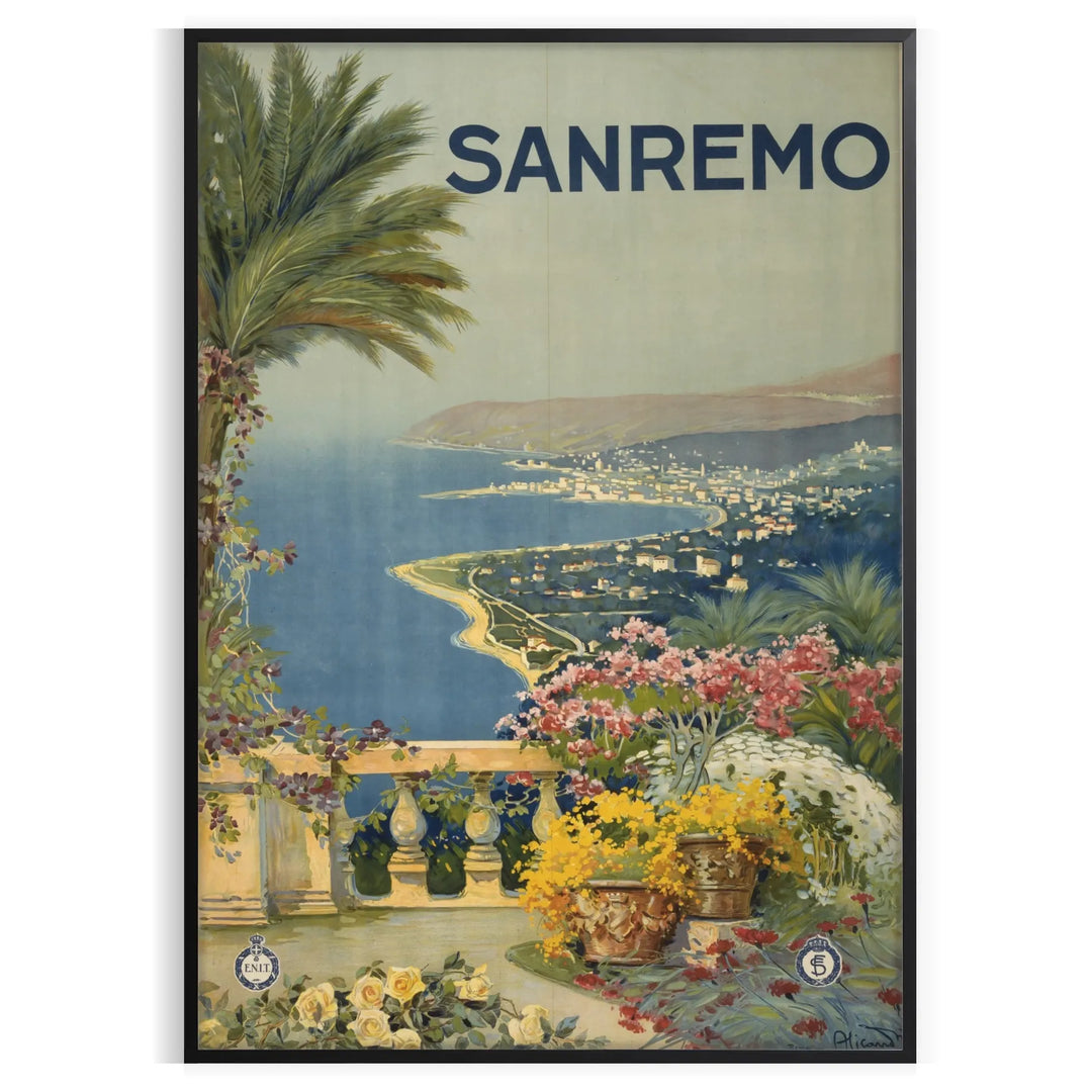 Travel poster depicting Sanremo, Italy, in soft gray and green tones