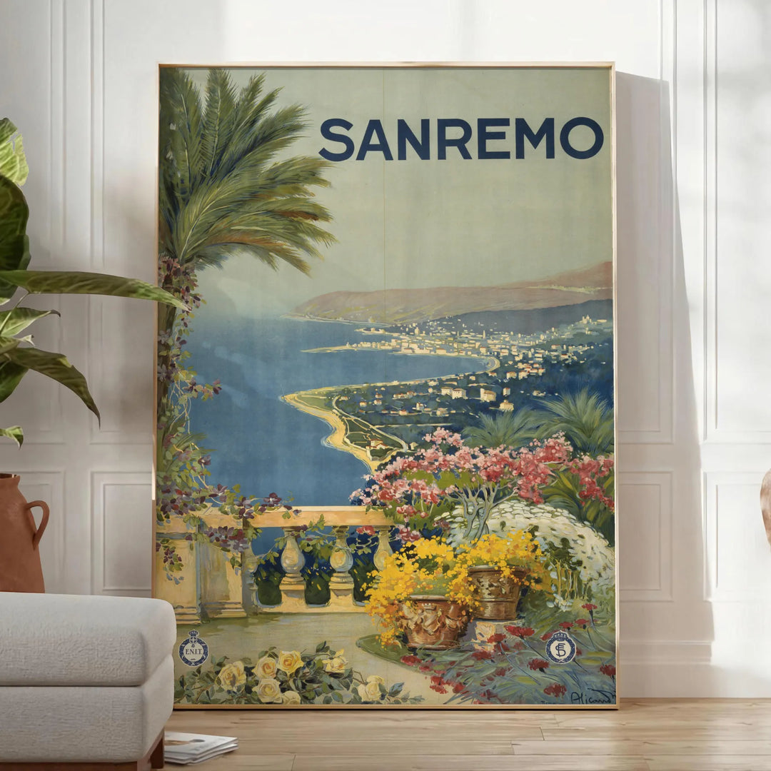 Travel poster depicting Sanremo, Italy, in soft gray and green tones - in a bright minimalist room with a plant and an armchair