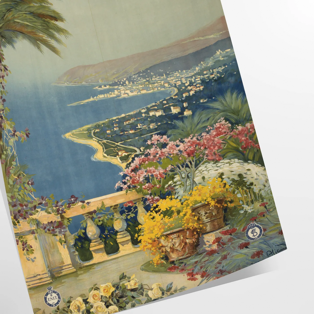 Travel poster depicting Sanremo, Italy, in soft gray and green tones - as a rolled, unframed print
