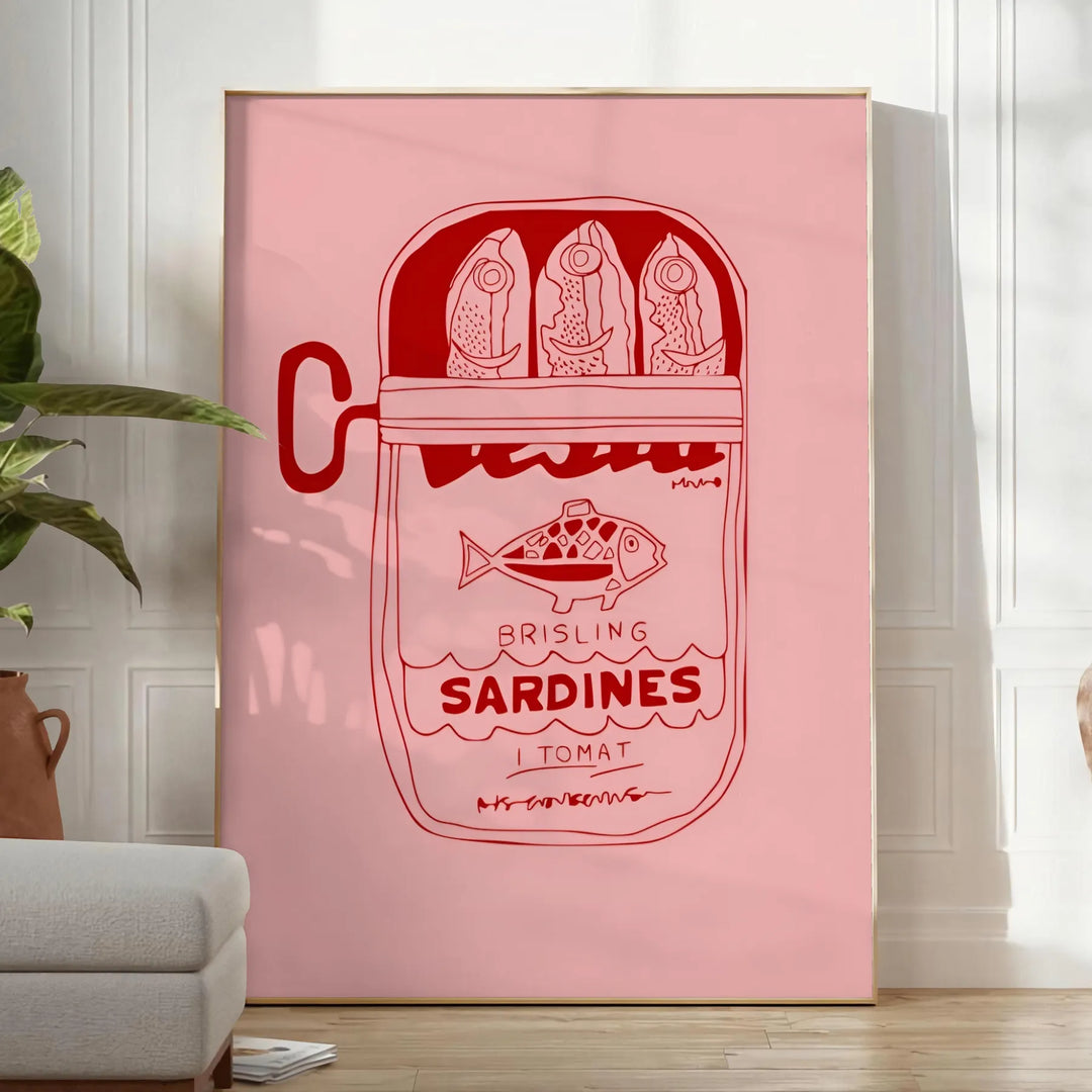 Rustic kitchen scene featuring sardines in brown and gray tones - in a bright minimalist room with a plant and an armchair