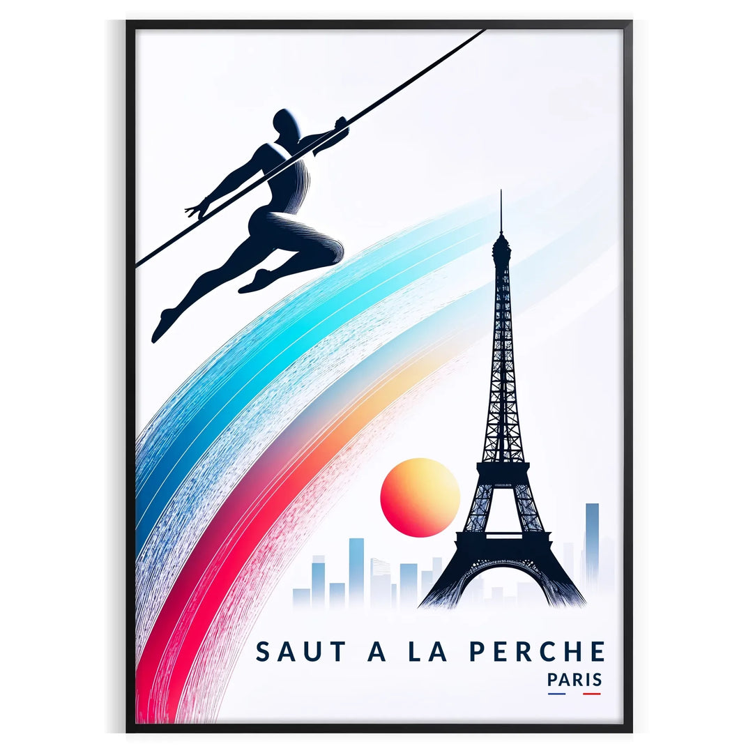 Minimalist graphic of a pole-vault athlete above the Paris skyline
