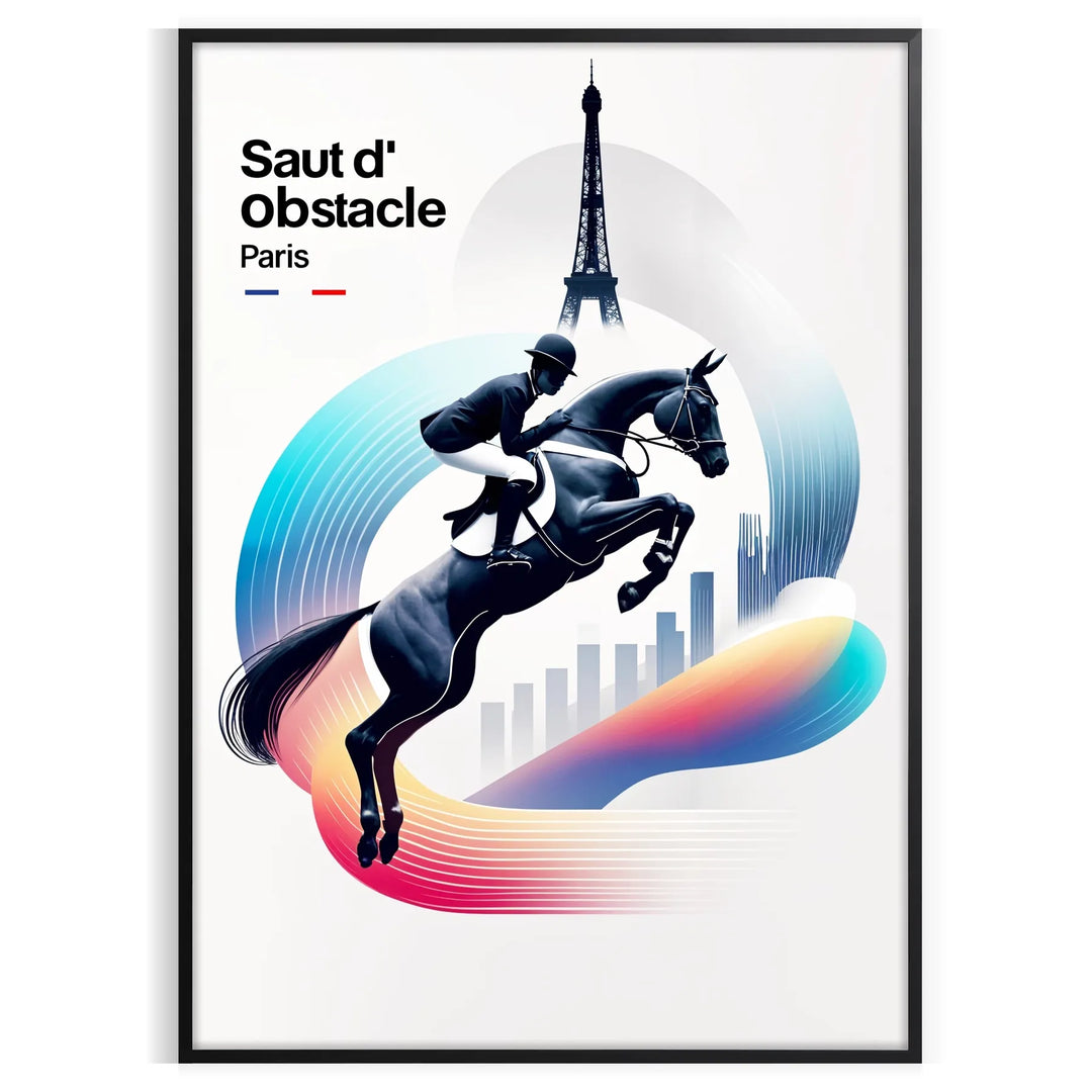 Illustrated show jumping poster featuring horse and rider in dynamic pose