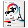 Paris poster featuring equestrian show jumping in a dynamic graphic style - in a black frame