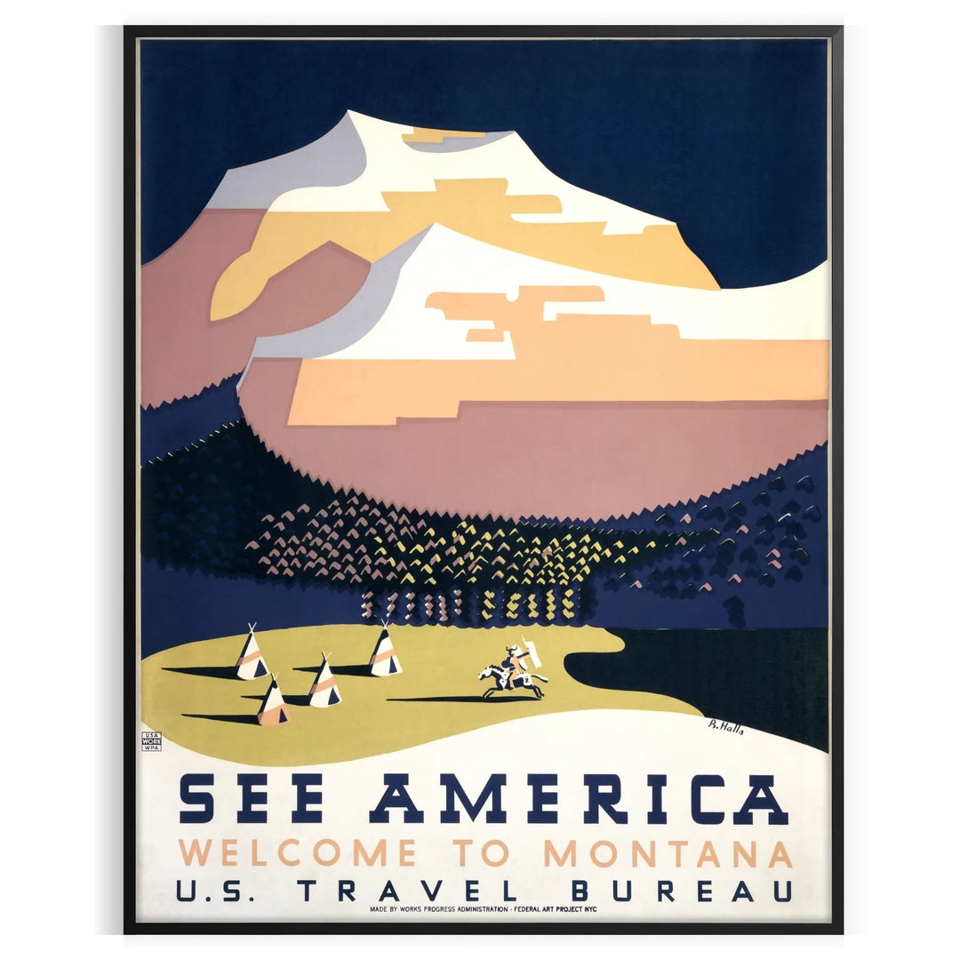 Vintage travel poster featuring a scenic view of America in gray and black tones