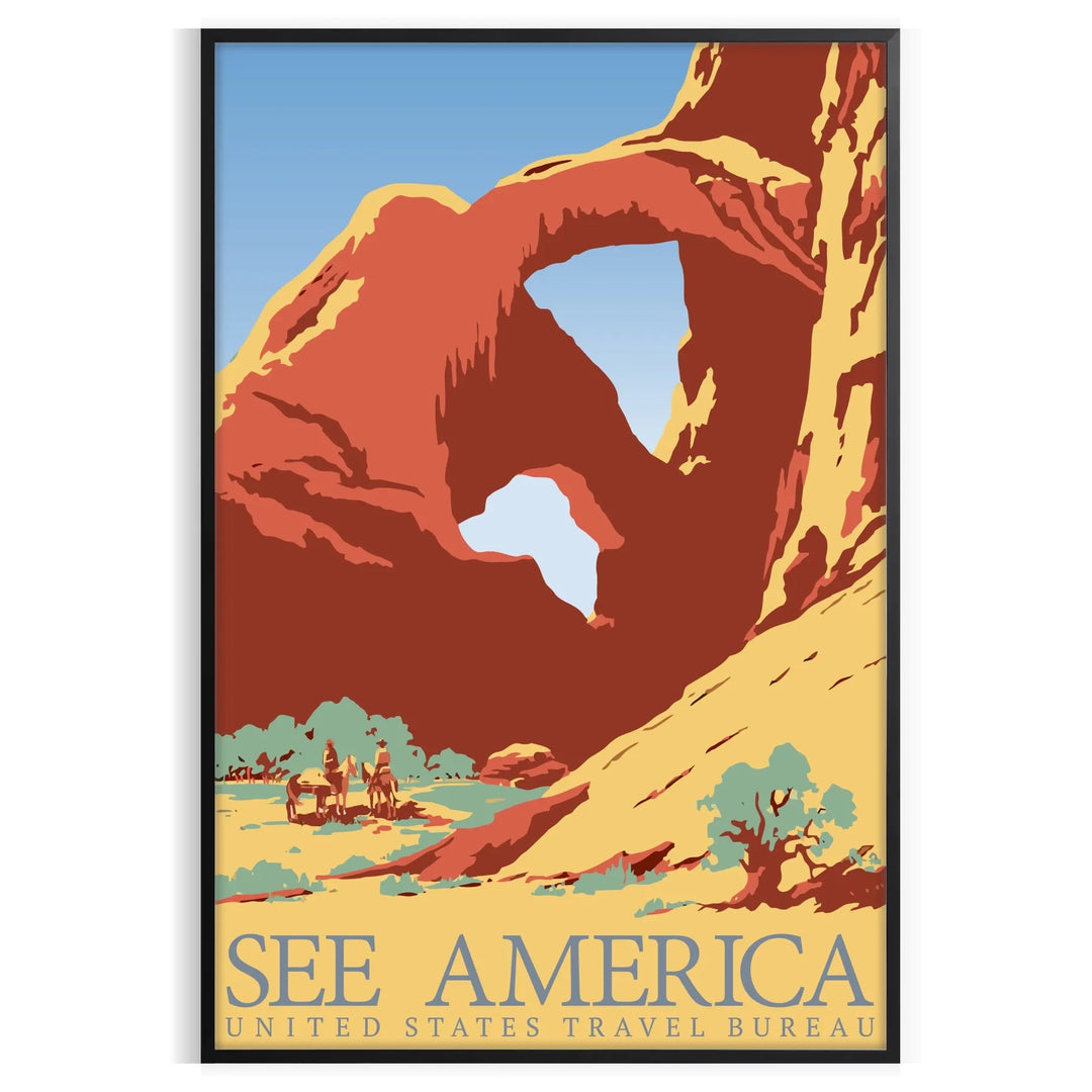 A retro travel poster featuring a yellow and blue landscape with mountains and a road
