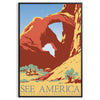A retro travel poster featuring a yellow and blue landscape with mountains and a road - in a black frame