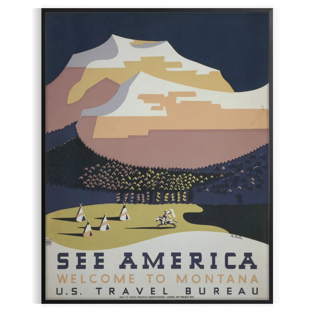 A vintage travel poster depicting serene landscapes of America in green and blue hues